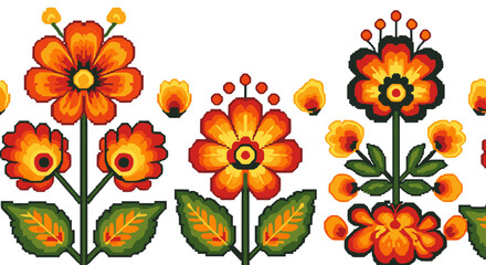 Fototapeta premium Bright pixelated floral pattern with vibrant flowers in retro style