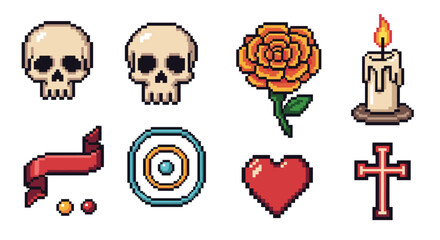 Retro pixel art: skulls, flowers, and candle design set