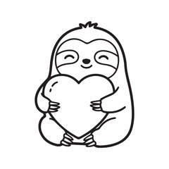 Naklejka premium Cute Sloth Hugging a Large Heart Shape Line Art Vector Illustration 