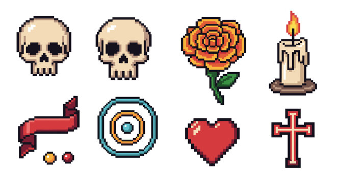 Retro pixel art: skulls, flowers, and candle design set