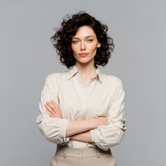 A woman stands confidently with her arms crossed, wearing a light shirt and showing curly hair in a studio setting