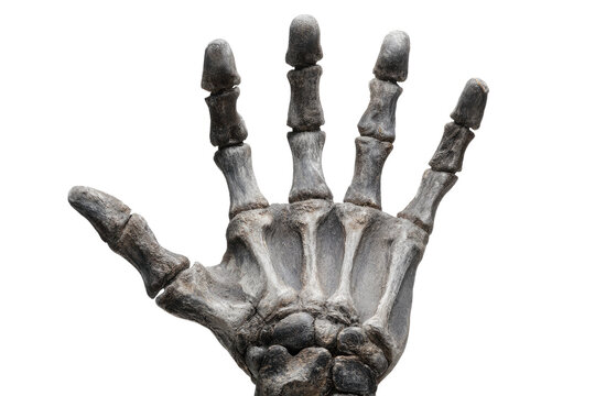 A detailed, high-contrast image of a hand skeleton against a pure black background