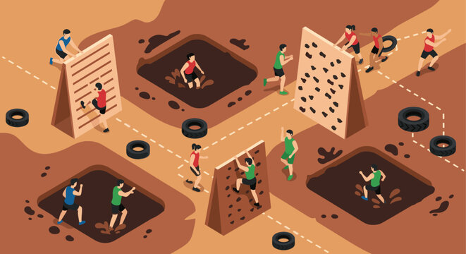 Isometric illustration of people participating in an obstacle course race. Includes mud pits, tire obstacles, and climbing walls. Great for teamwork, challenge, and fitness.