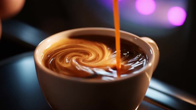 A captivating coffee moment captured as swirling patterns of rich brown liquid blend with creamy hues in a beautifully crafted cup, radiating warmth and inviting indulgence in every sip.