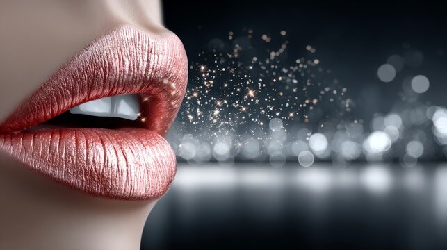Lips adorned with shimmer release glittering particles in a lively scene with a dark backdrop