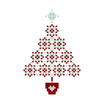 Abstract Christmas tree in Ukrainian embroidery cross-stitch style isolated PNG.