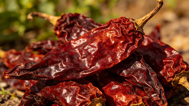 ancho. String of deep red sun-dried ancho chili peppers, wrinkled texture. menu design, packaging mockups, designed for culinary blogs and recipe cards for restaurants.