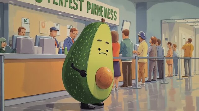 Anthropomorphic Avocado Character Waiting in Line at a Bureaucratic Office