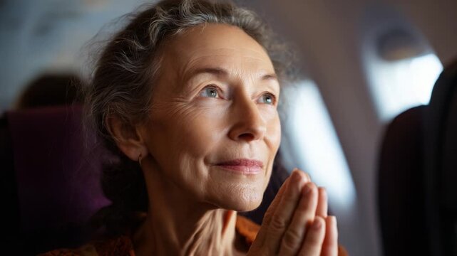 A serene moment of contemplation expressed by an elderly woman with gray hair seated on an airplane, showcasing emotions of hope and reflection as she gazes thoughtfully out of the window beside her.