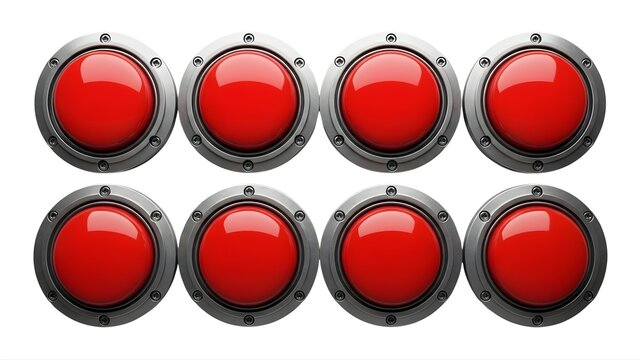 Eight red buttons with metal frames arranged in two rows on a transparent background