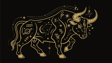 Fototapeta premium Golden Taurus Zodiac Sign with Astrological Symbols