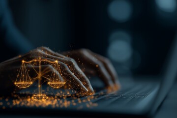 Businessman Using Laptop with AI Law Technology Interface and Justice Scales on Dark Background
