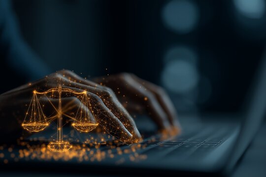 Businessman Using Laptop with AI Law Technology Interface and Justice Scales on Dark Background
