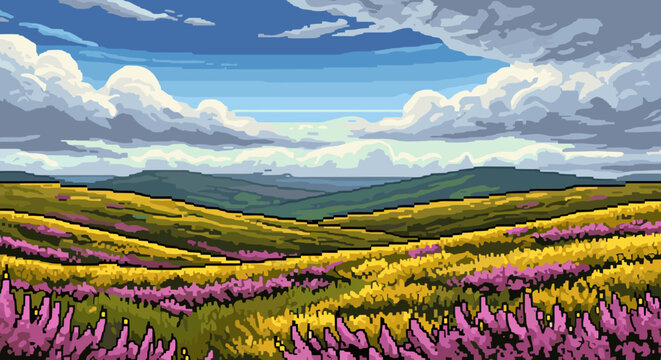 Pixel art vibrant landscape with purple heather and rolling hills under dramatic sky
