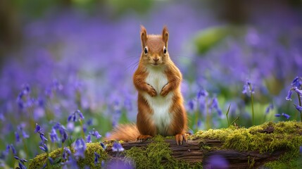 Fototapeta premium Cute squirrel sitting on the ground surrounded by blooming purple flowers. Gentle nature scene with playful charm, soft colors, and a peaceful springtime atmosphere.