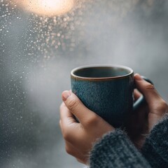Holding a warm cup while watching raindrops on a window during a rainy day