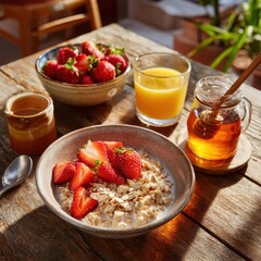 A table shows a bowl of oatmeal topped with strawberries, a glass of juice, honey jar, and a bowl of fresh strawberries