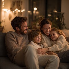 Four family members sit on a couch smiling and laughing together in a warm and cozy living room at night