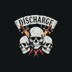 Discharge - three skulls with daggers and banner - vintage gothic illustration