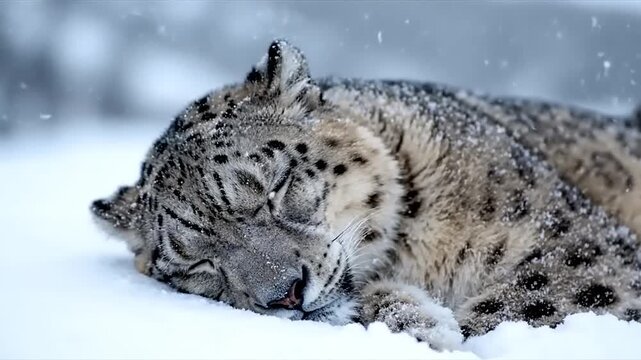 A beautiful snow leopard peacefully asleep in the pristine white snow as light snowflakes fall around it.