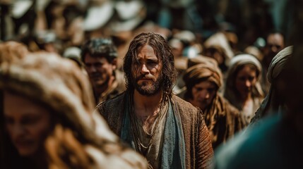 Obraz premium Jesus Christ walking through a crowded city street in ancient times, surrounded by people. Historical biblical scene portraying humility, presence among the people, and spiritual significance.