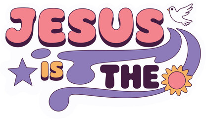 Jesus is the light, vibrant retro design with dove and sun, religious sticker, peace message