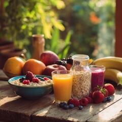 A collection of fruits, oats, and beverages is arranged on a wooden table in a bright kitchen filled with plants