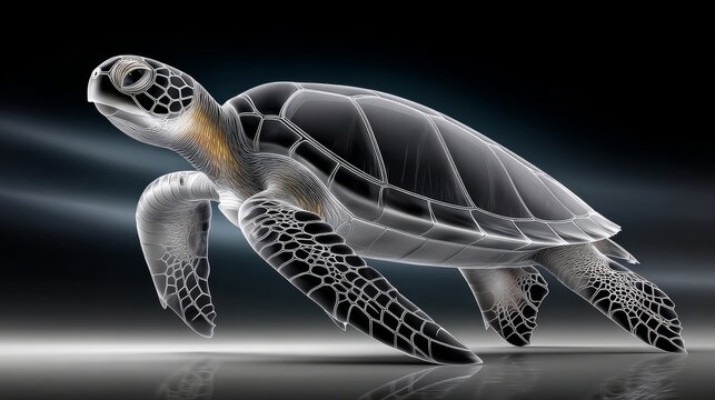 Artistic image of a translucent turtle with emphasis on intricate shell patterns on a dark backdrop.
