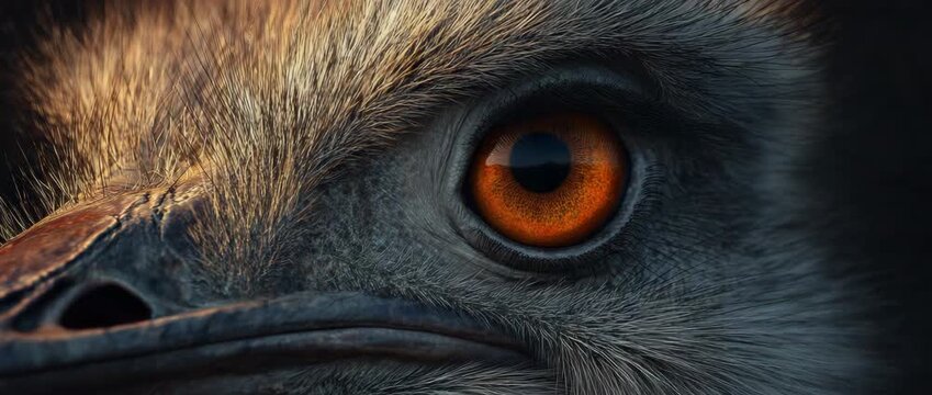 Extreme macro close-up of an ostrich eye with dramatic rim lighting, detailed bird feathers and orange iris, wildlife