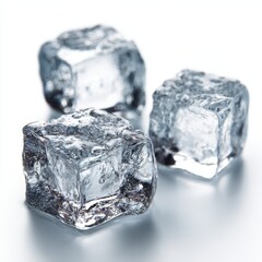 Three clear ice cubes rest on a smooth surface, showing their shape and transparency under bright light