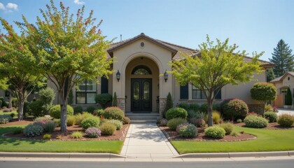Naklejka premium Beautiful House With Well-Kept Lawn and Garden Displayed in Bright Sunlight in a Suburban Neighborhood