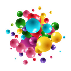 Dynamic cluster of glossy multicolored 3D balls in space. png.