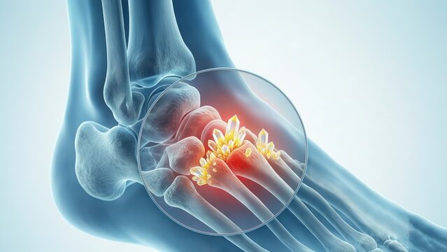 The transparent blue foot with magnified big toe joint showing crystal buildup and red inflammation gout concept
