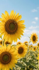 Fototapeta premium Sunflower field with tall yellow blooms under soft blue sky and scattered clouds