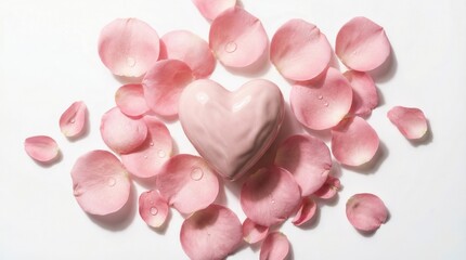 Obraz premium Heart-shaped soap surrounded by pink rose petals on clean white background