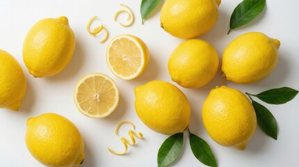 Lemons arranged with sliced halves and citrus peels on clean white background