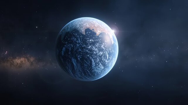Blue planet in dark space environment.