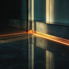 Light from outside creates reflections on the floor in a dark room near a wall at dusk