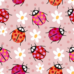 Cotton fabric Cute Ladybug and White Daisy Flower Seamless Pattern Whimsical Insects on Pink Polka Dot Background Summer Garden Textile Design