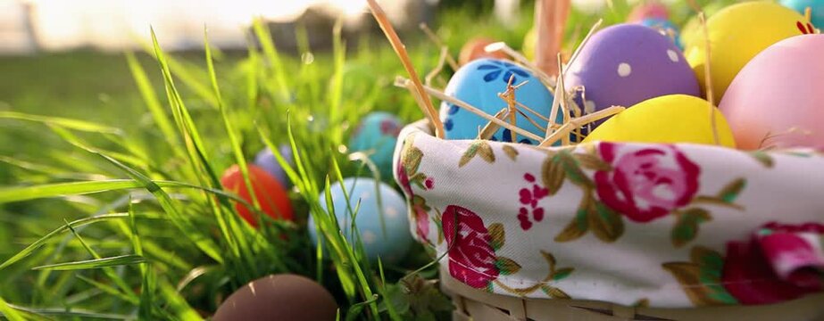 Easter eggs in basket on green grass in sunlight