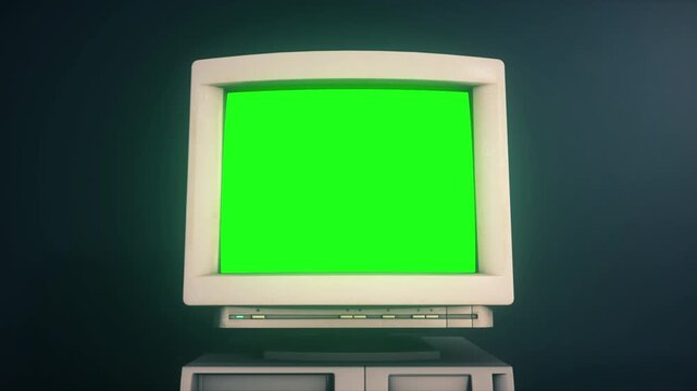 Vintage CRT Computer Monitor With Green Screen on Retro Desktop Setup