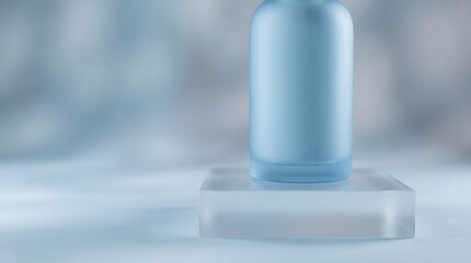 Frosted Blue Cosmetic Bottle Displayed on Glass Pedestal Minimalist Beauty Product Ad