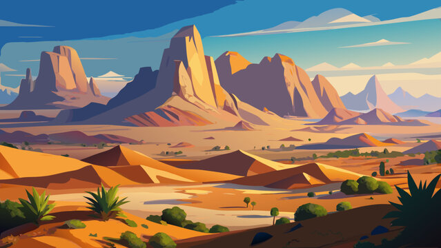 Very beautiful landscape of the Sahara Desert with Hoggar Mountains, featuring rugged volcanic peaks, vast sands, and the raw, timeless beauty of southern Algeria.