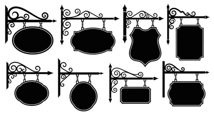 Collection of ornate black hanging signs with decorative scrollwork, showcasing various shapes like oval, shield, and rectangular.