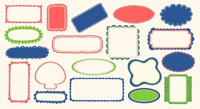 A collection of various decorative frames and labels in different shapes and colors, presented on a textured background.