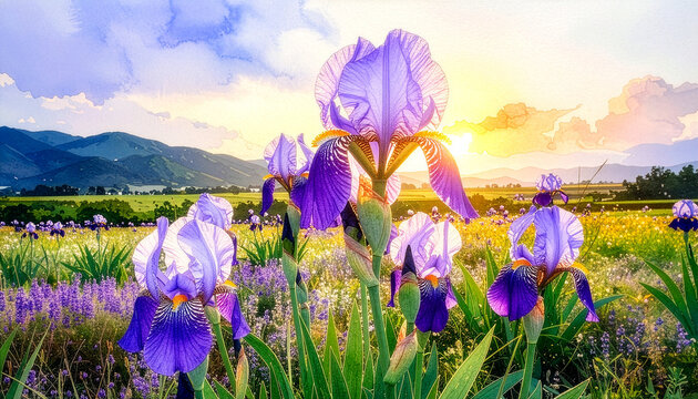 菖蒲 Iris 016 Watercolor Painting of Purple Irises in a Summer Field at Golden Hour（ゴールデンアワーの光に照らされた夏の野原と紫の菖蒲を描いた水彩画）