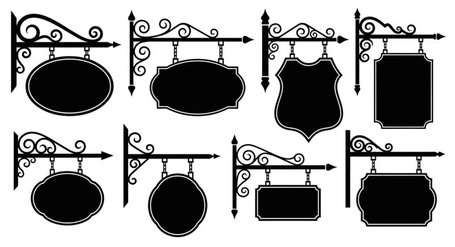 Collection of ornate black hanging signs with decorative scrollwork, showcasing various shapes like oval, shield, and rectangular.