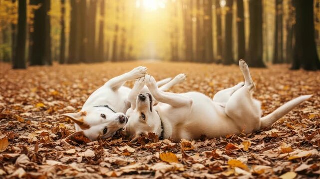Two playful dogs rolling and tumbling in autumn leaves on a forest path.