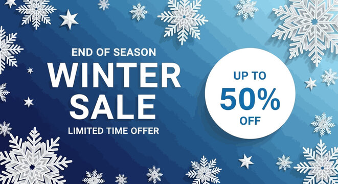 End of Season Winter Sale: Limited Time Offer with Up to 50% Off, Featuring Snowflakes.