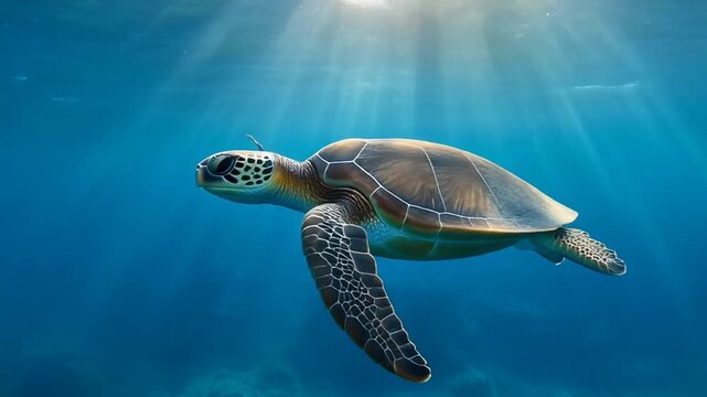 Graceful Green Sea Turtle Swimming in Crystal Clear Blue Ocean Waters with Sun Rays.